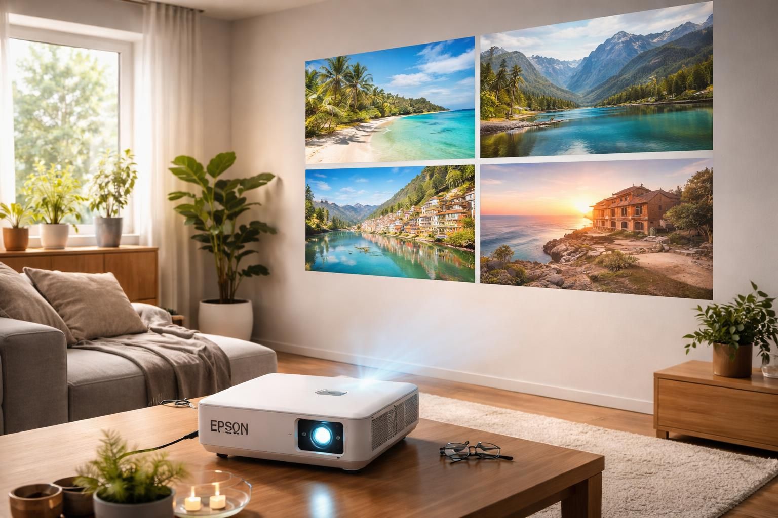 découvrez le mini vidéoprojecteur epson, idéal pour afficher vos diaporamas de photos de vacances en grand format, partout et facilement.