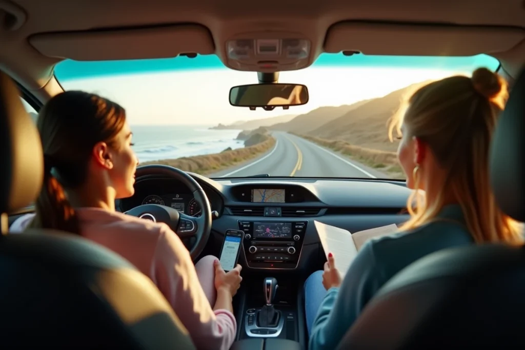 Mère conduisant sur la Highway 1 en Californie avec ses enfants pendant le trajet Los Angeles San Francisco