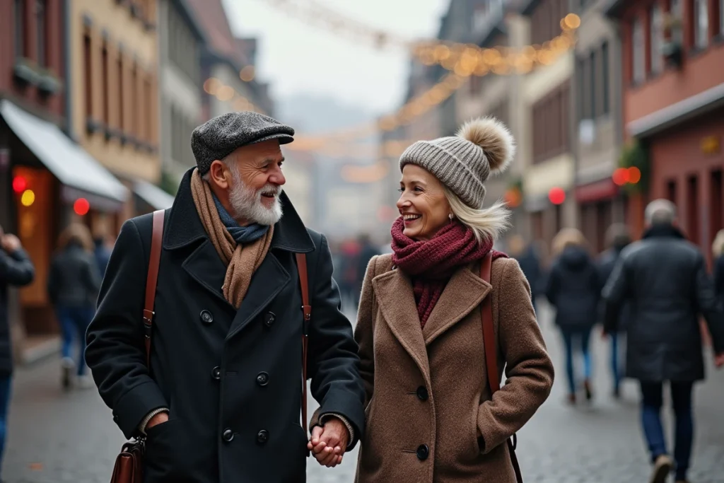 Couple de seniors se promenant main dans la main dans les rues décorées du Vieux-Strasbourg pour le Nouvel An