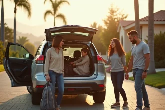 Famille chargeant ses bagages dans un SUV avant un road trip de Los Angeles à San Francisco avec des enfants