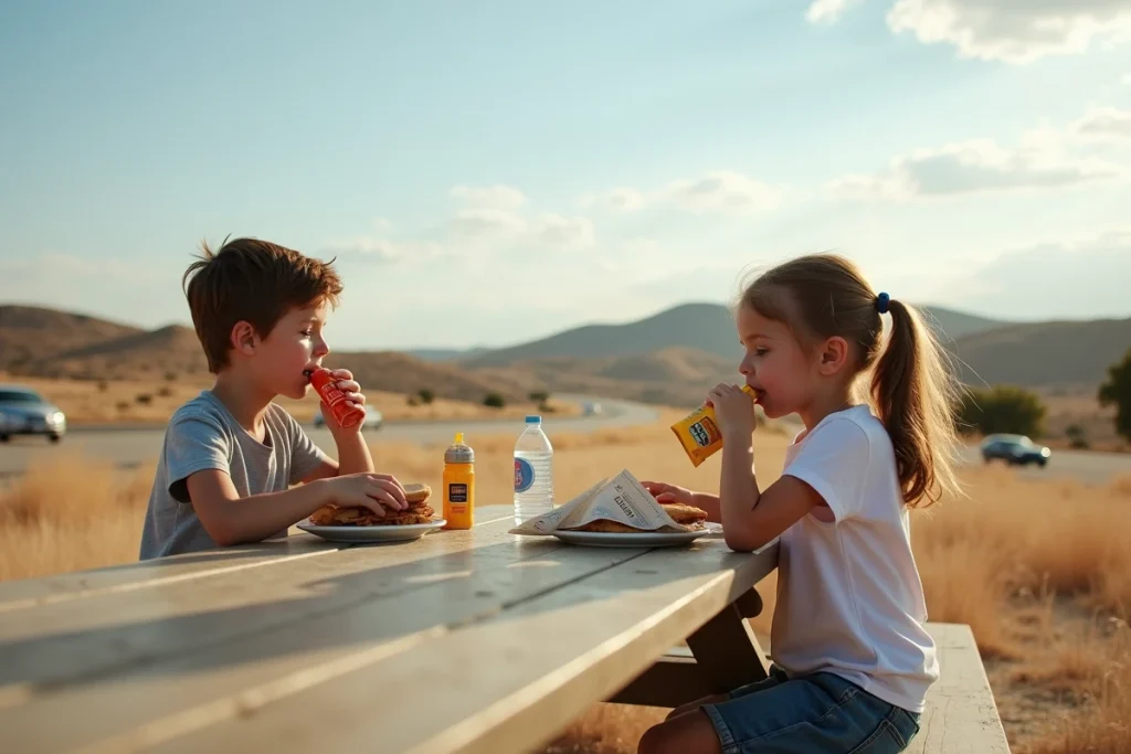 Deux enfants faisant une pause repas dans une aire de repos sur la route entre Los Angeles et San Francisco
