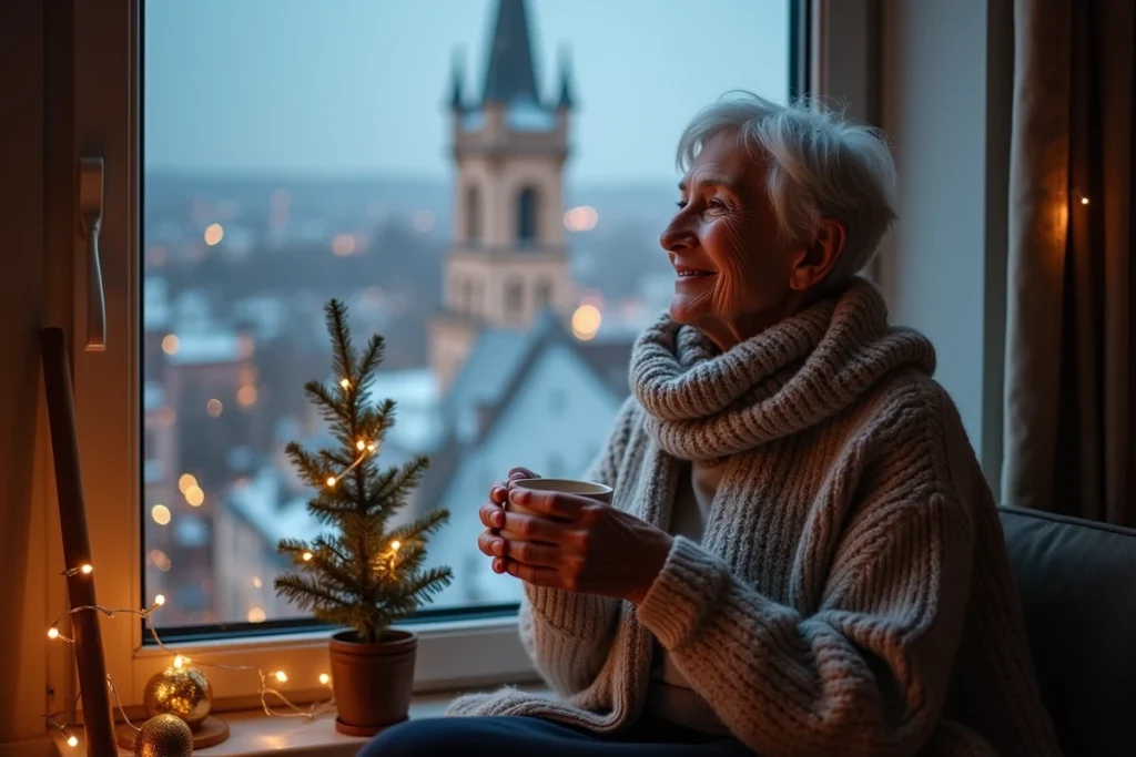 Femme senior contemplant les toits enneigés de Strasbourg depuis sa fenêtre lors du Nouvel An