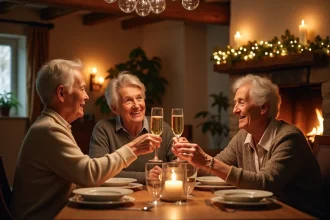 Groupe de seniors joyeux portant un toast au champagne lors du réveillon du Nouvel An dans un salon alsacien chaleureux