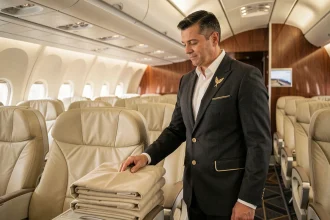 Agent de cabine Etihad Airways en uniforme officiel dans l'allée d'un avion moderne, illustrant le service premium de la compagnie