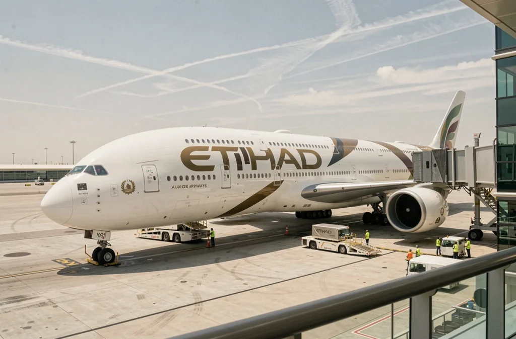 Airbus A380 d'Etihad Airways stationné à l'aéroport international d'Abu Dhabi avec équipes au sol et livraison distinctive or et gris