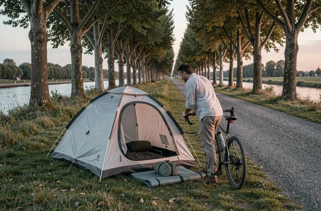Voyageur à vélo installant un bivouac léger au bord du canal de Nantes à Brest au crépuscule