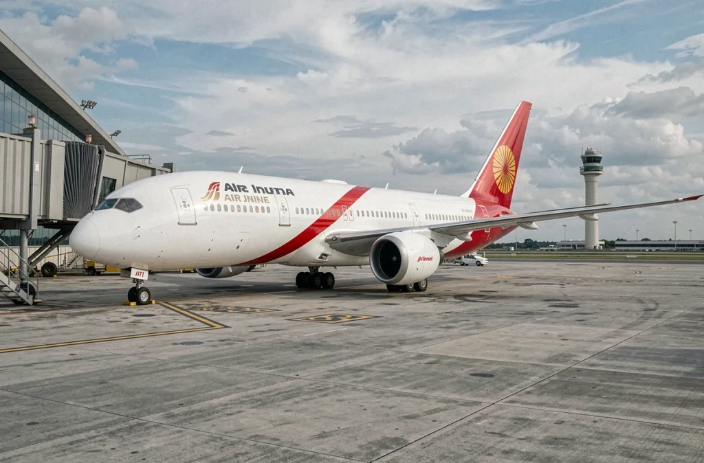 Boeing 787 Dreamliner Air India garé à une passerelle d'aéroport international avec logo sur la queue