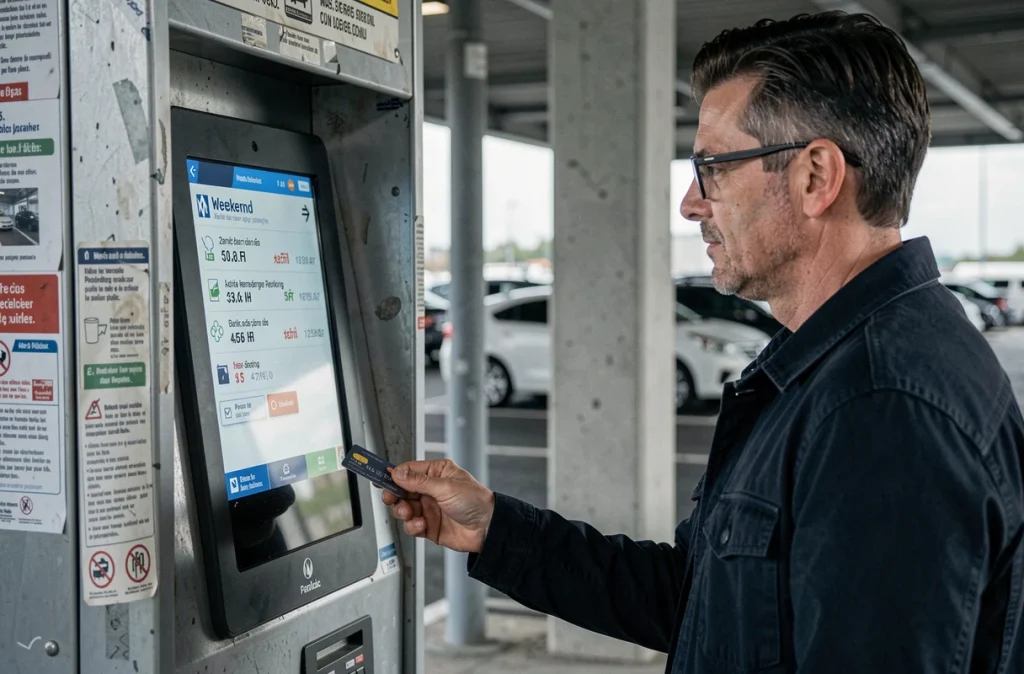 Homme payant son stationnement sur une borne automatique au parking de l'aéroport de Toulouse