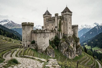 Château médiéval perché sur un promontoire rocheux en Vallée d'Aoste avec vignobles en terrasses et sommets enneigés en arrière-plan