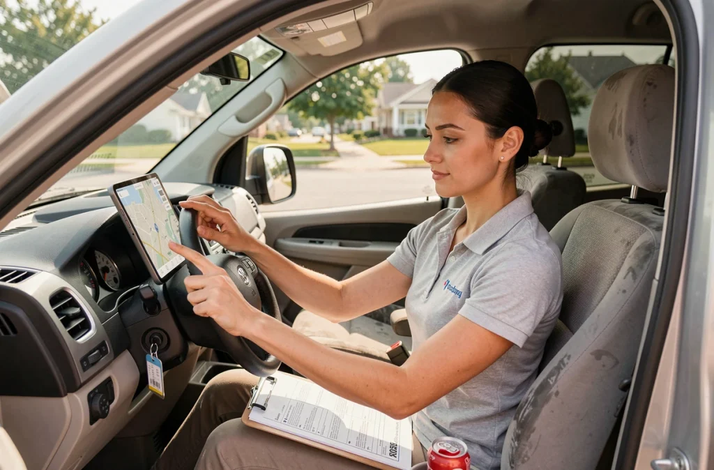 Femme chauffeuse livreuse utilisant une tablette avec navigation GPS intégrée dans son fourgon de livraison