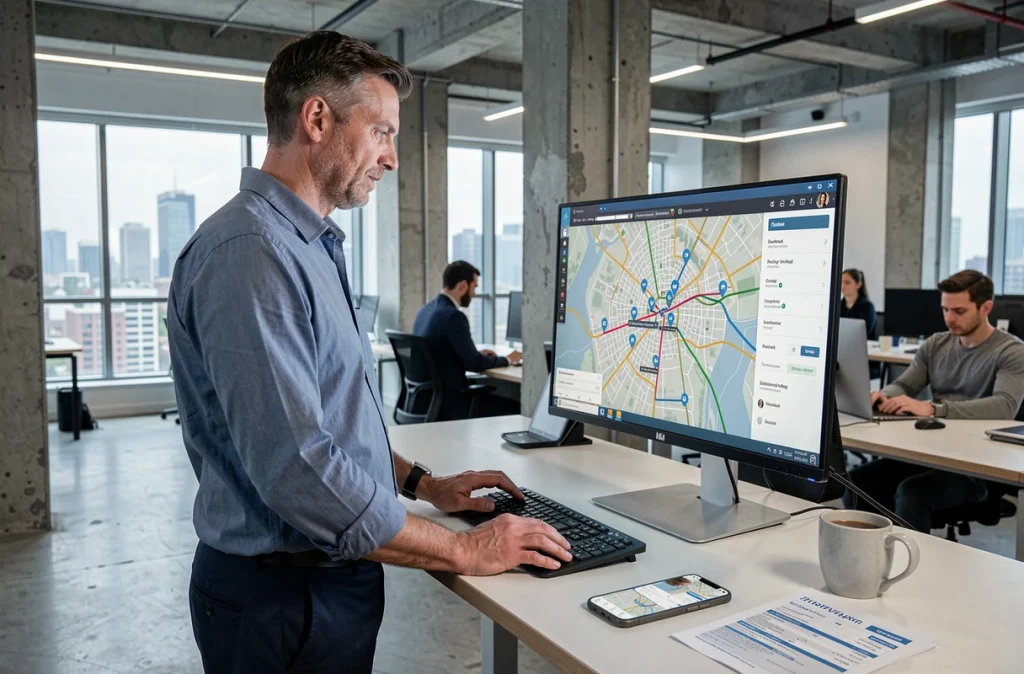 Coordinateur logistique planifiant des tournées de livraison sur un écran avec logiciel de cartographie et optimisation d'itinéraires