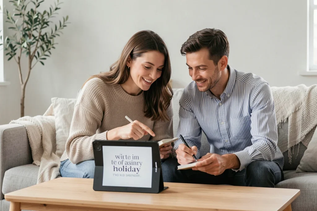 Couple consultant un devis de vacances en ligne sur une tablette dans un appartement moderne
