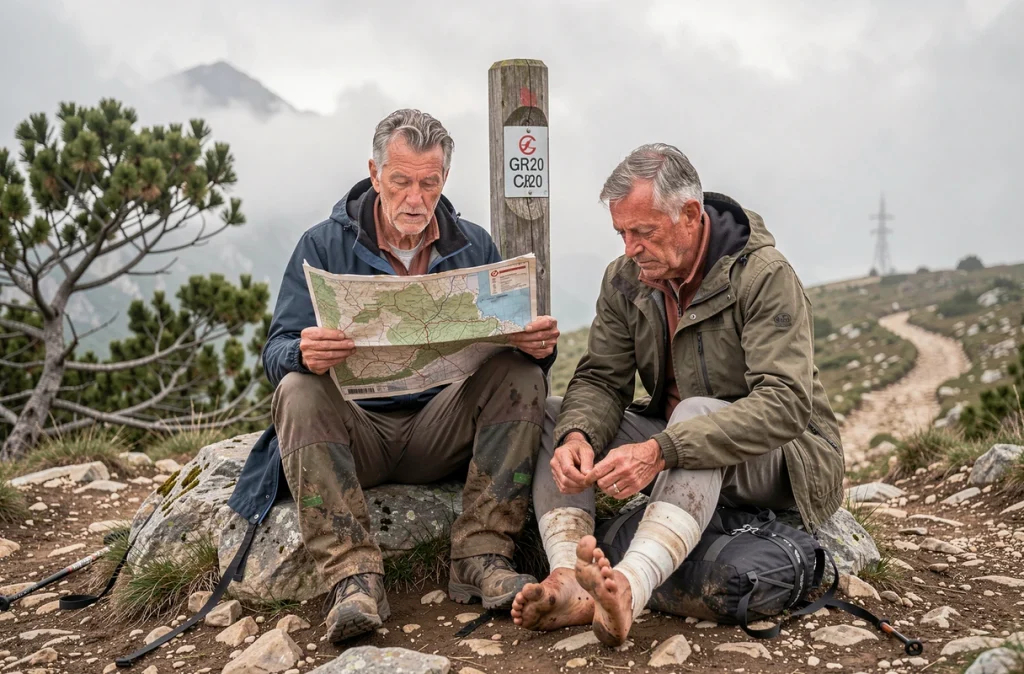Couple de randonneurs fatigués consultant une carte et soignant des ampoules aux pieds sur le GR20 corse, équipement usé après plusieurs jours de marche difficile