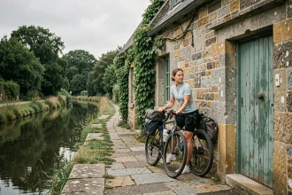 Cycliste posant son vélo chargé contre une écluse en pierre sur le canal de Nantes à Brest en Bretagne