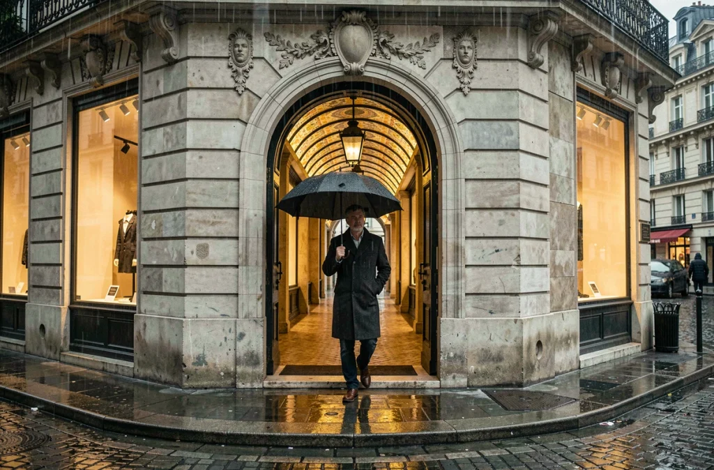 Entrée du passage Vivienne depuis la rue Vivienne à Paris sous la pluie, homme franchissant le seuil de l'arcade couverte historique