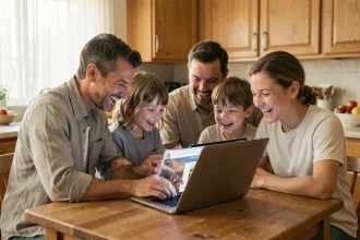 Famille réunie autour d'un ordinateur portable pour planifier des vacances sur un site de devis en ligne