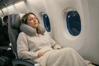 Femme fatiguée dans un siège d'avion pendant un long vol entre La Réunion et Paris, illustrant le jet lag et la récupération après voyage