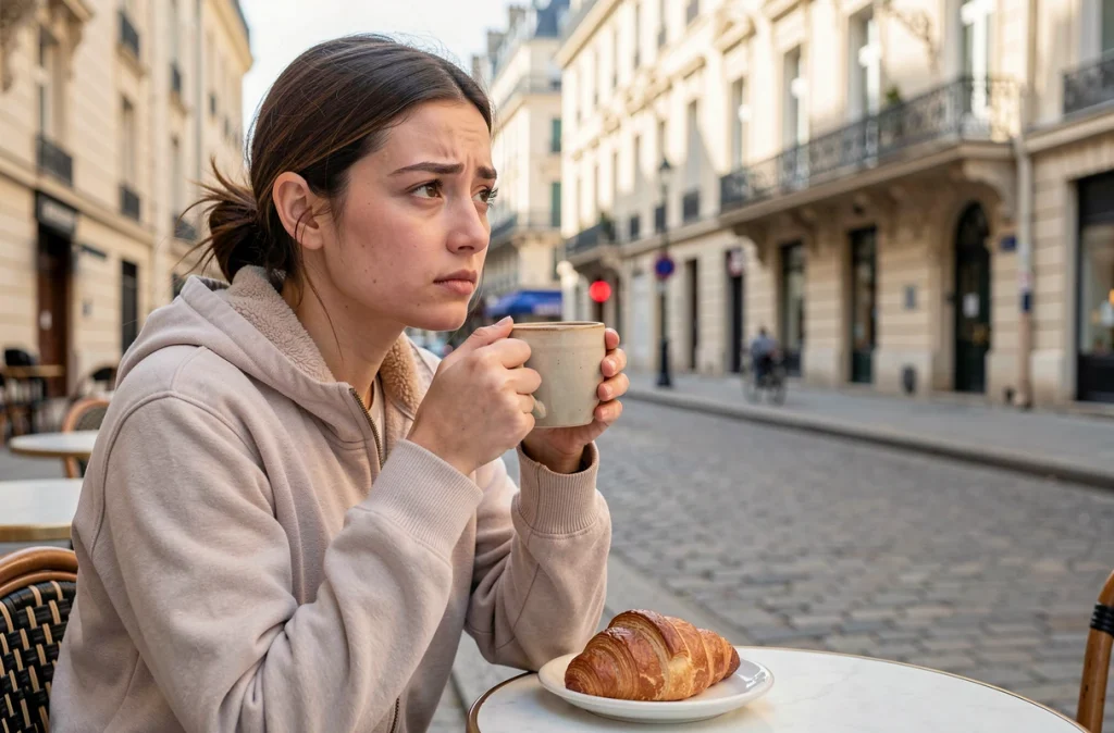 Jeune femme fatiguée à une terrasse de café parisien après un long vol depuis La Réunion, illustrant les effets du jet lag et le temps de récupération nécessaire