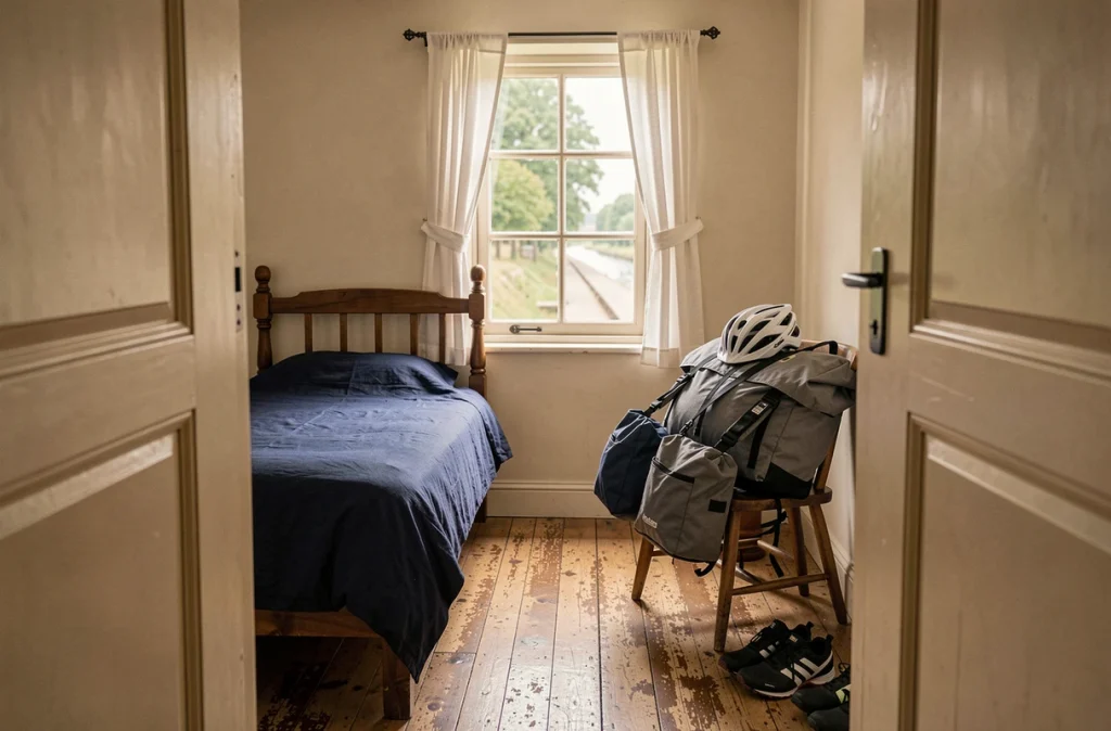 Chambre simple d'un gîte d'étape pour cyclistes sur le canal de Nantes à Brest avec équipement vélo