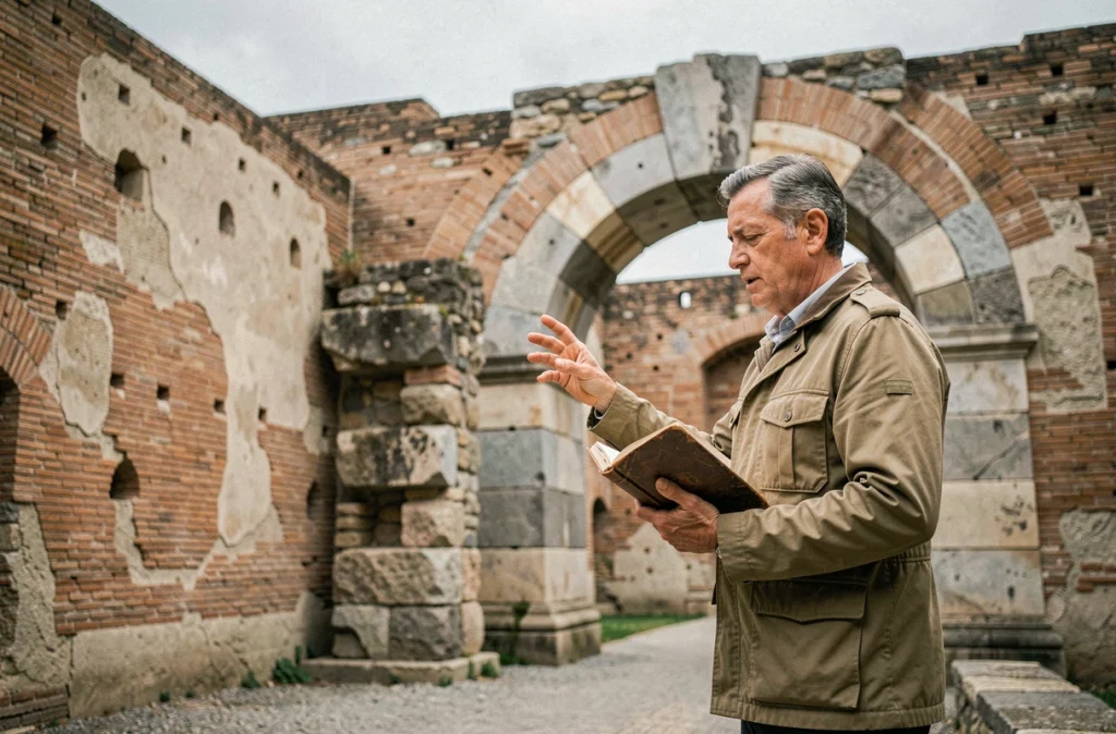 Guide historique examinant une arche romaine dans la cour d'un fort antique en Vallée d'Aoste