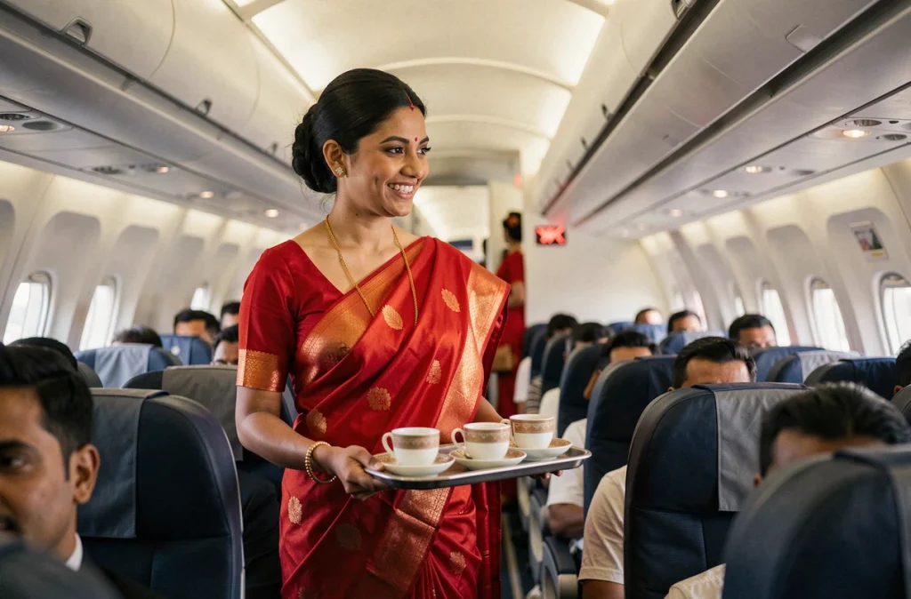 Hôtesse de l'air Air India en sari rouge servant des passagers à bord d'un avion