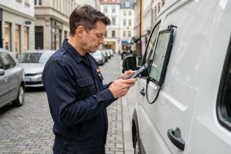 Livreur professionnel consultant une application de navigation GPS sur smartphone devant un fourgon blanc en ville