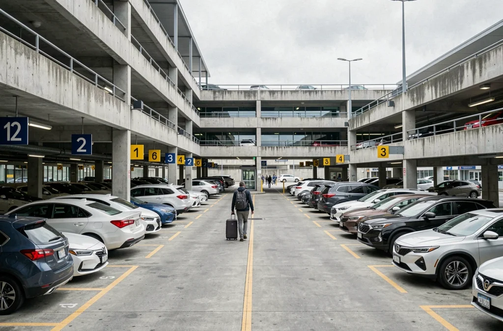 Vue grand angle du parking extérieur d'un aéroport avec voyageur et signalisation tarifaire