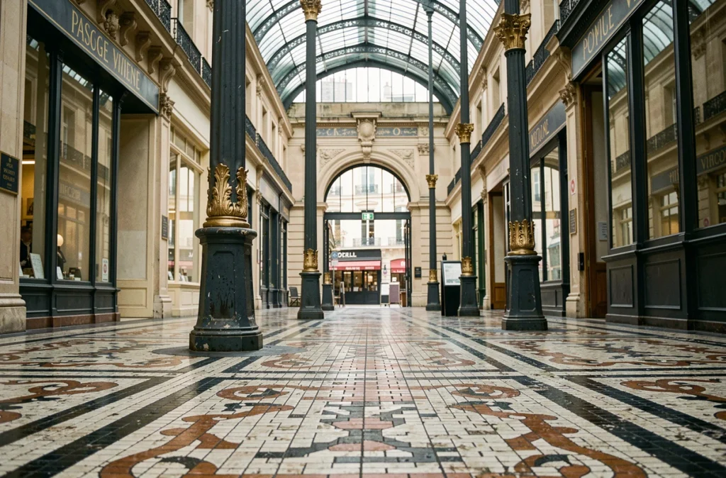 Détail du sol en mosaïque et des colonnes ornementales du passage Vivienne à Paris, architecture historique du XIXe siècle