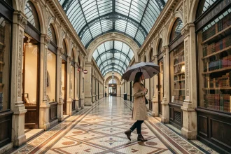 Femme en imperméable beige se promenant dans le passage Vivienne à Paris sous une verrière en verre et fer forgé par temps de pluie