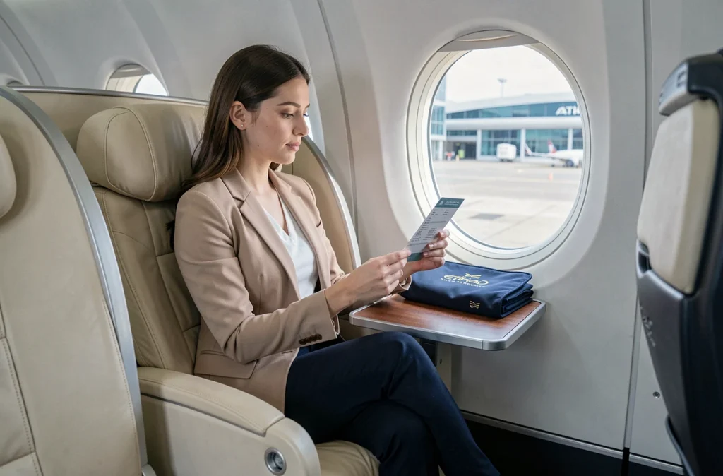 Passagère en classe affaires Etihad Airways examinant sa carte d'embarquement dans un siège pod en cuir ivoire avec vue sur le tarmac