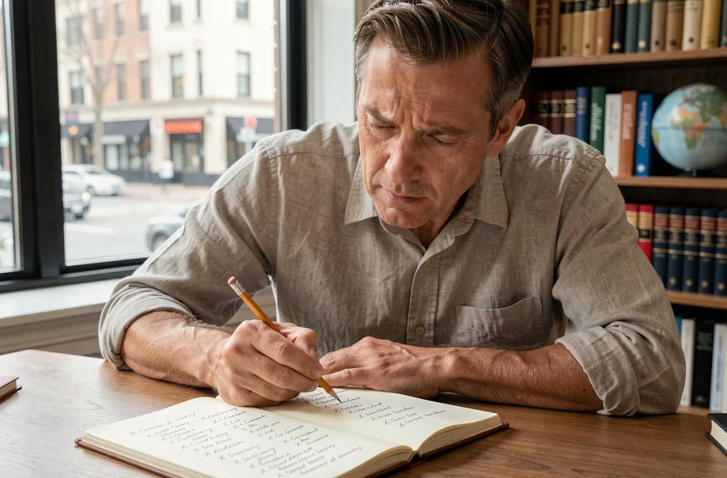 Homme consultant une liste manuscrite de villes et pays commençant par X pour jouer au petit Bac dans un bureau à domicile