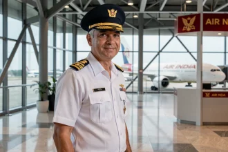 Pilote Air India en uniforme dans un terminal aéroport moderne avec avion visible en arrière-plan