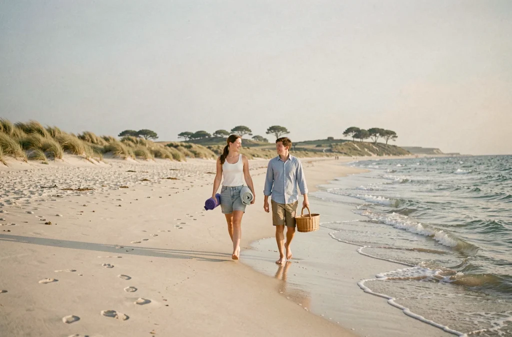 Famille se promenant sur la plage de sable près de La Cotinière sur l'île d'Oléron en fin d'après-midi