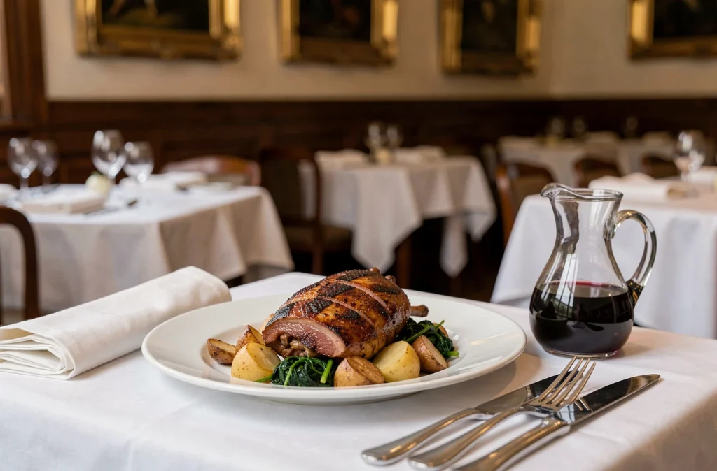 Assiette de confit de canard joliment présentée dans un restaurant gastronomique proche de la Galerie Vivienne à Paris