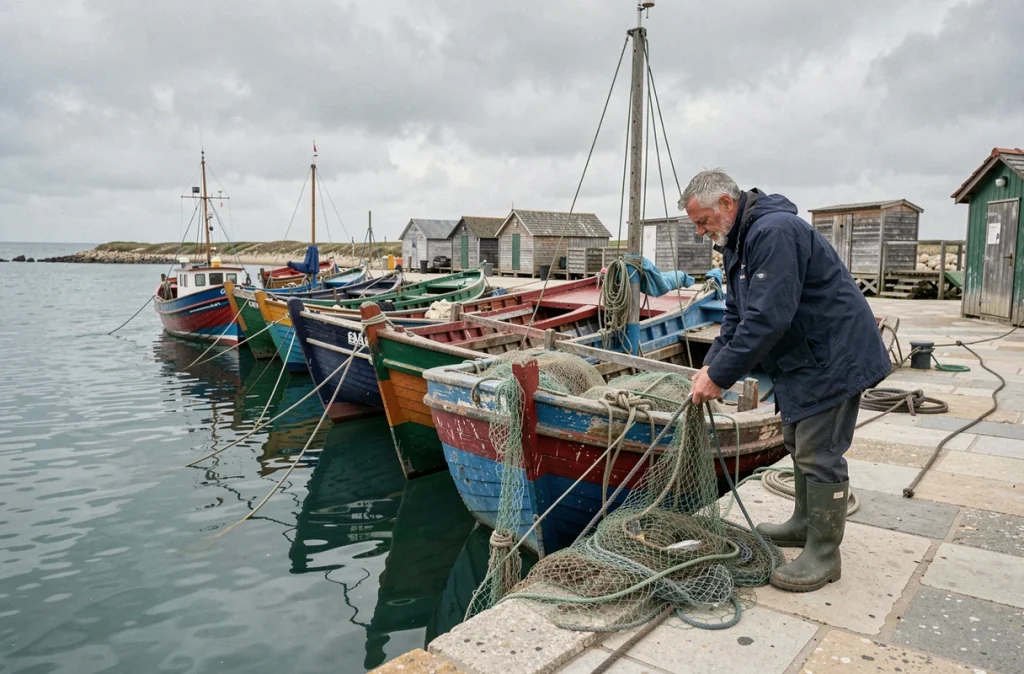 Port de pêche coloré de La Cotinière avec bateaux amarrés et pêcheur réparant ses filets