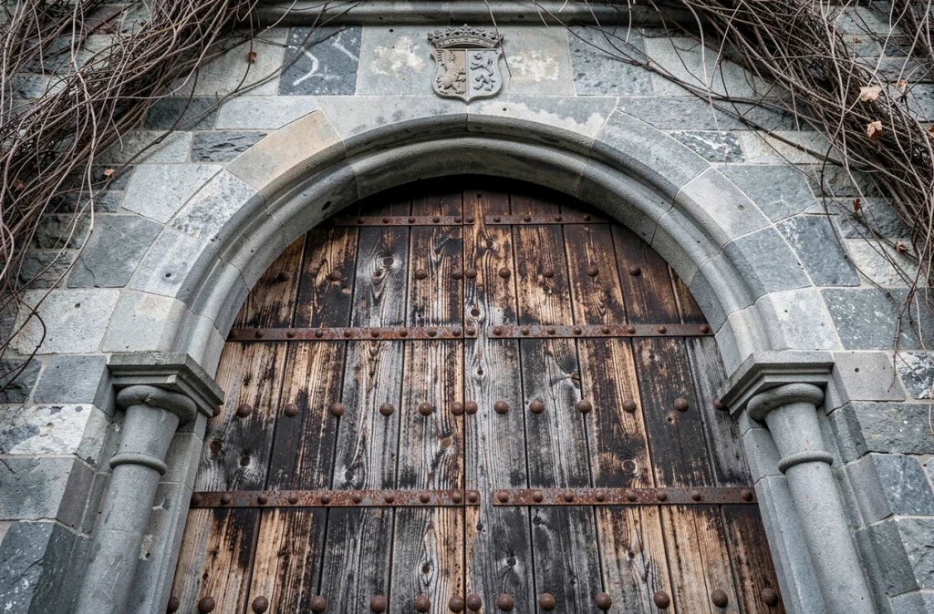 Détail d'une porte en chêne clouté sous une arche romane d'un château historique en Vallée d'Aoste