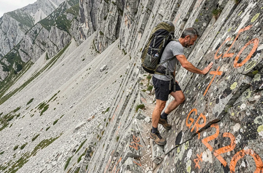 Homme hésitant face à un passage rocheux abrupt sur le GR20, sac à dos trop lourd, chaussures inadaptées au sentier de montagne corse