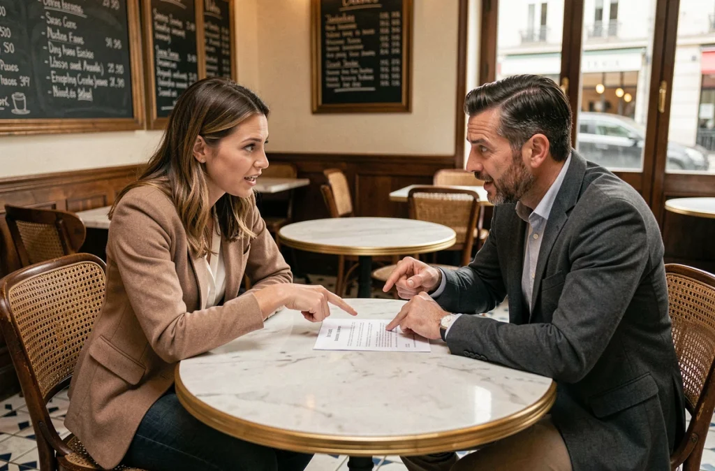 Deux amis en discussion animée autour des règles du Scrabble et du petit Bac pour les villes en X dans un café parisien