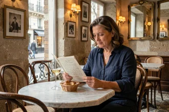 Femme attablée dans un bistrot parisien traditionnel près de la Galerie Vivienne, savourant un verre de vin blanc avec une carte manuscrite