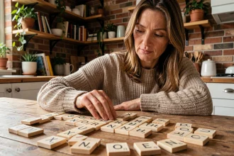 Femme jouant au Scrabble avec des lettres formant des mots en X sur une table en bois dans une cuisine chaleureuse