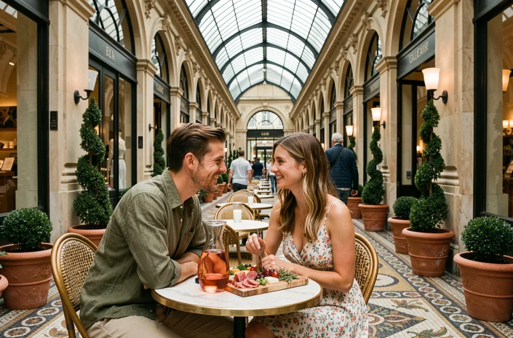 Couple partageant une planche de charcuterie sur une terrasse de restaurant sous la verrière de la Galerie Vivienne à Paris