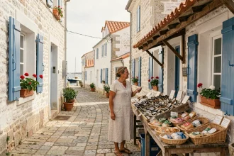 Rue pittoresque du village de La Cotinière sur l'île d'Oléron avec marché local et maisons à volets bleus