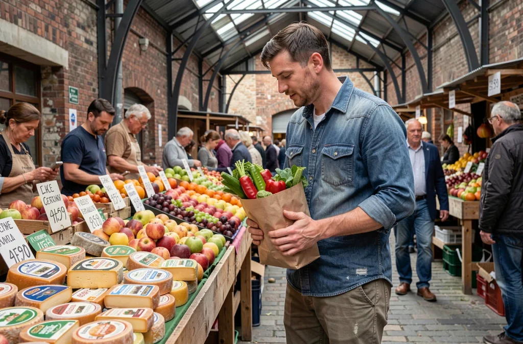 Voyageur solo explorant un marché local d'Europe de l'Est en été, illustration d'un tourisme économique en haute saison