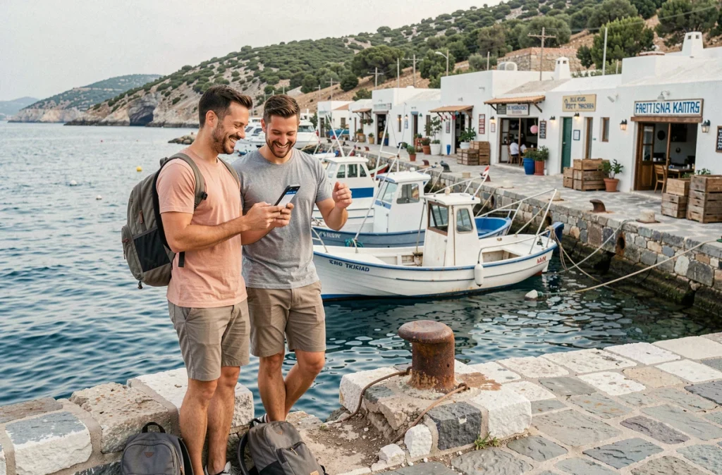 Couple de voyageurs avec sac à dos dans un petit port de pêche méditerranéen abordable en haute saison