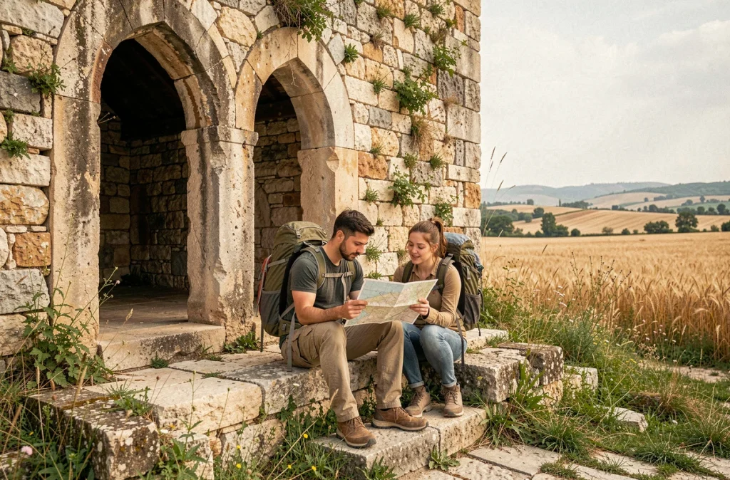 Deux voyageurs consultant une carte devant un caravansérail ottoman abandonné en Anatolie rurale en Turquie