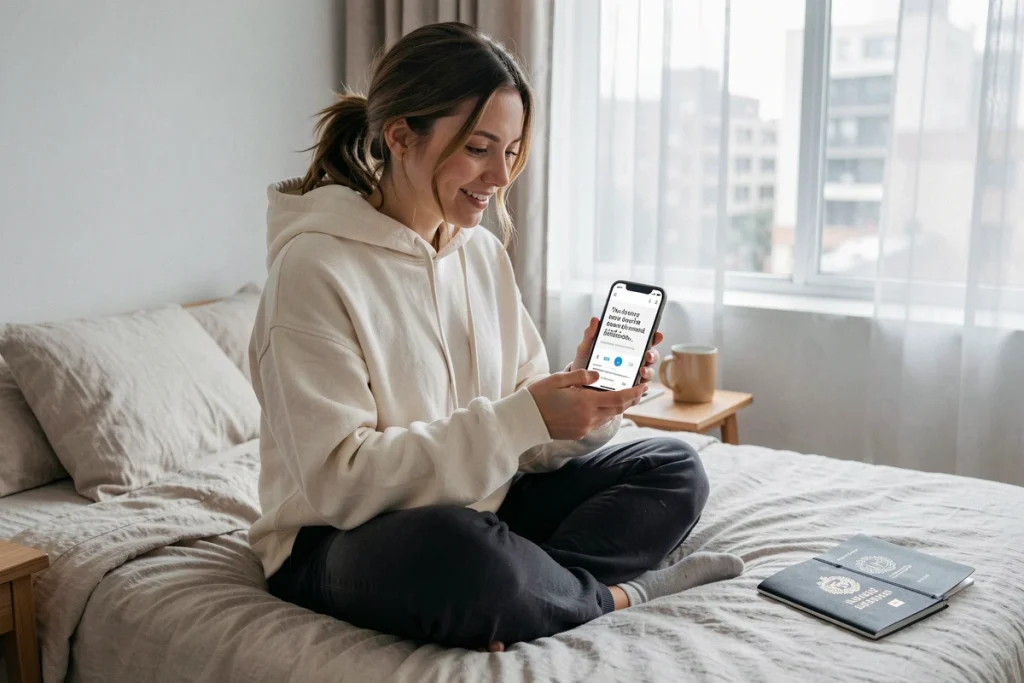 Femme voyageant seule qui consulte un devis de vacances personnalisé sur son smartphone