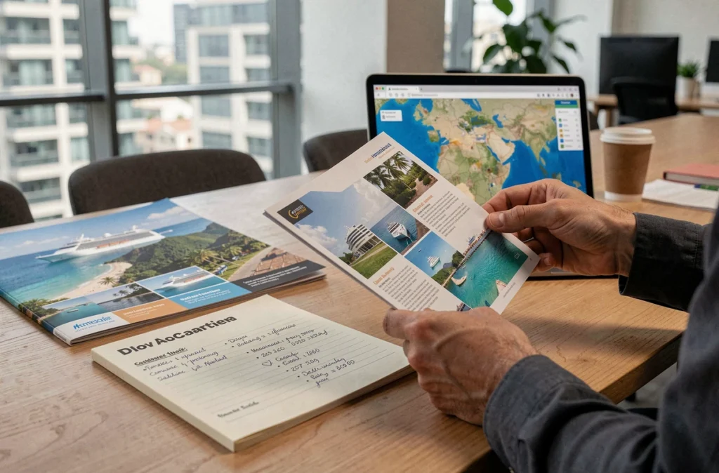 Conseiller en voyage consultant des brochures de croisière tout compris dans les Caraïbes avec tarifs et itinéraires