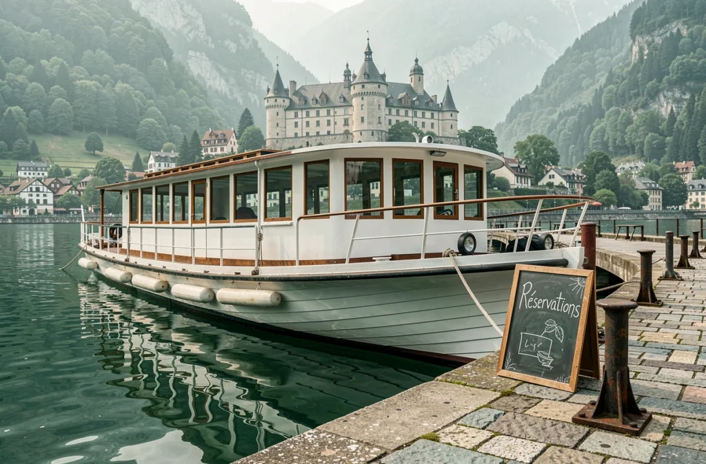 Bateau de croisière amarré au quai principal du lac d'Annecy avec panneau de réservation