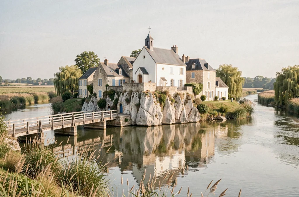 L'île-village de Béhuard sur la Loire avec son église rupestre construite sur le rocher et ses maisons en tuffeau entourées d'eau