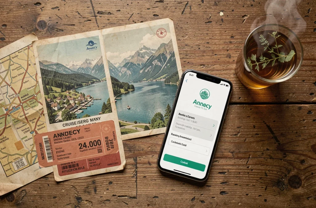 Vue aérienne d'un billet de croisière sur le lac d'Annecy avec carte et confirmation de réservation en ligne